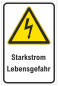 Preview: Warnschild Hochformat mit DIN 7010 Symbol und Text Starkstrom Lebensgefahr